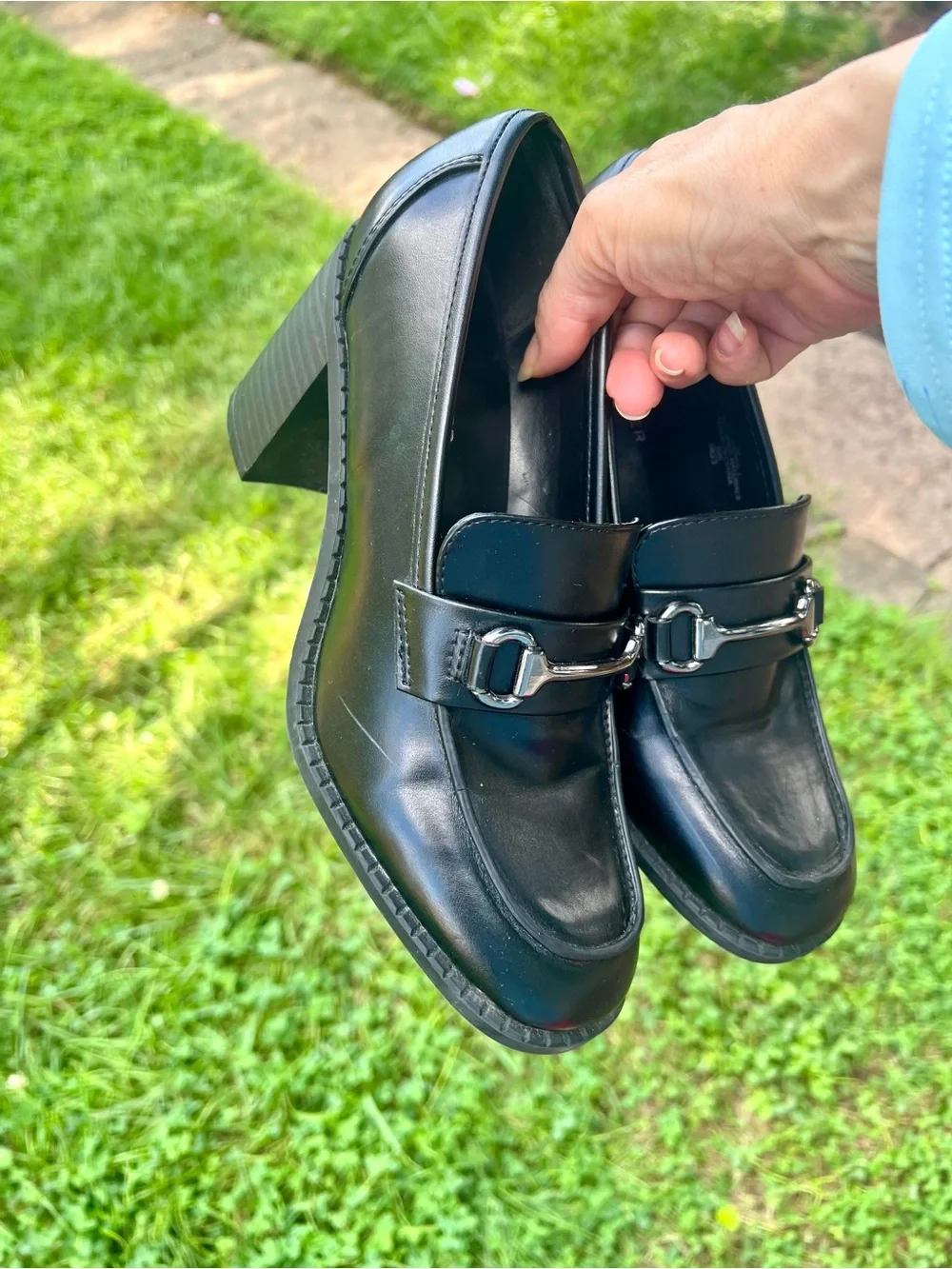 Marc Fisher Black Horsebit Heeled Chunky Block Loafers Preppy Casual Career 7M